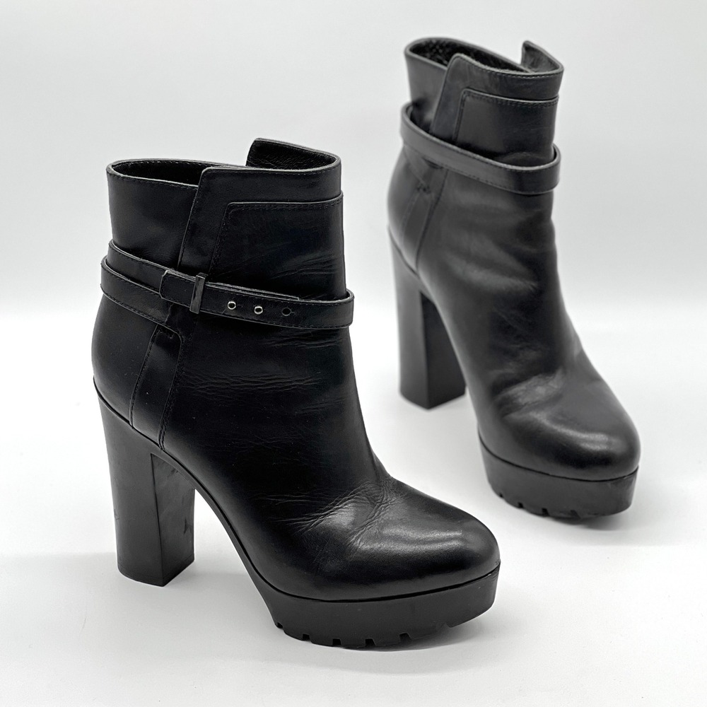 POUR LA VICTOIRE Lug Sole Emme Ankle Boot Womens 9 Black Leather Platform Heeled